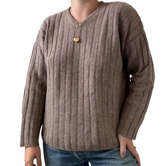 Vintage J Crew Womens Tan Brown Ribbed 100% Wool V Neck Cropped Sweater Sz L - Picture 3 of 8